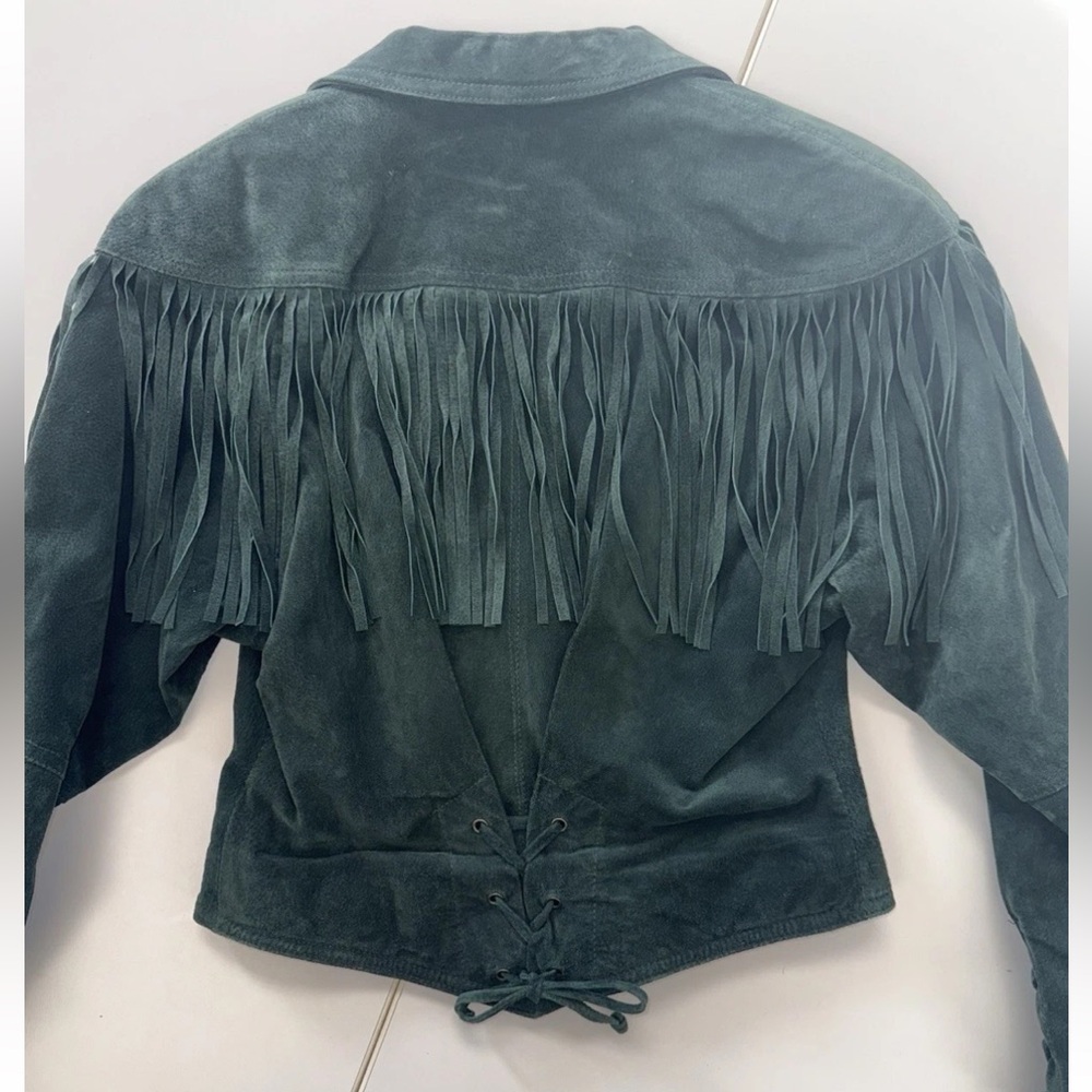Vintage 90s Wilson Leather Womens fringe Suede Emerald Forest Green Jacket S - Picture 12 of 12